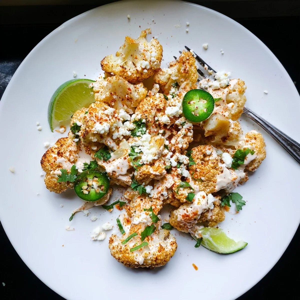 Golden roasted cauliflower elote drizzled with creamy sauce and topped with crumbled cotija cheese and fresh cilantro