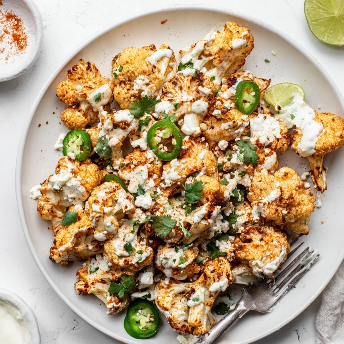 Mexican street corn style cauliflower florets coated in tangy mayonnaise lime sauce and sprinkled with chili powder