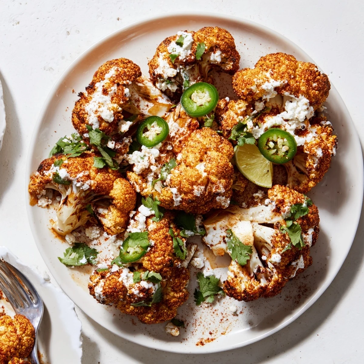 Crispy roasted cauliflower elote served on a platter with zesty crema cotija cheese and jalapeño slices