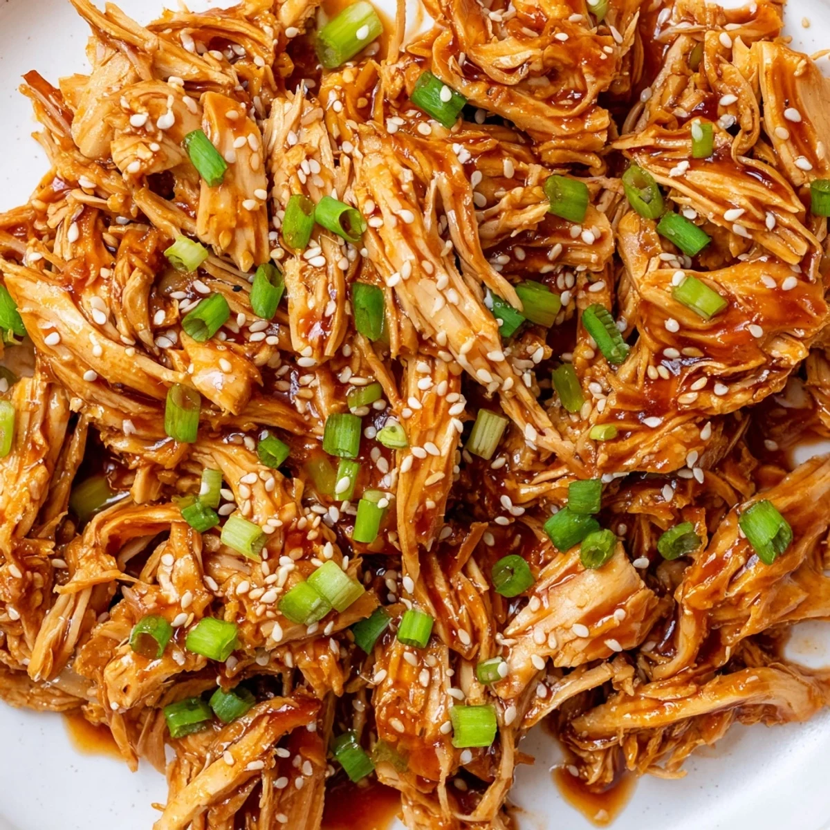 Crockpot Mongolian chicken served in a bowl with rich dark sauce and sesame seeds
