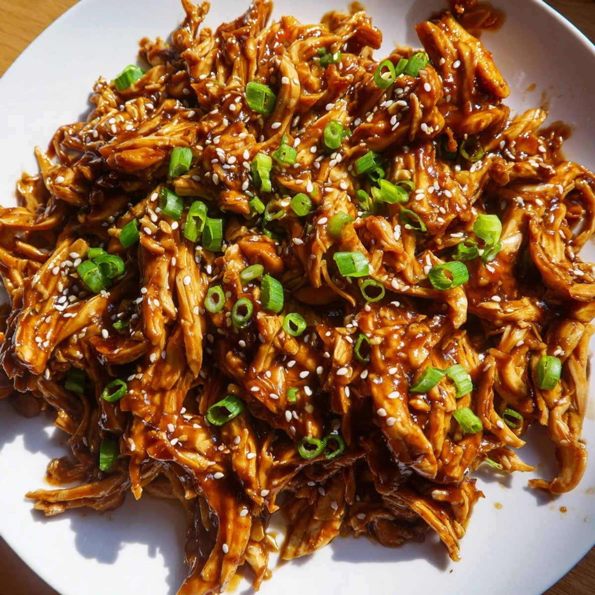 Golden shredded chicken pieces coated in thick savory Mongolian sauce garnished with green onions