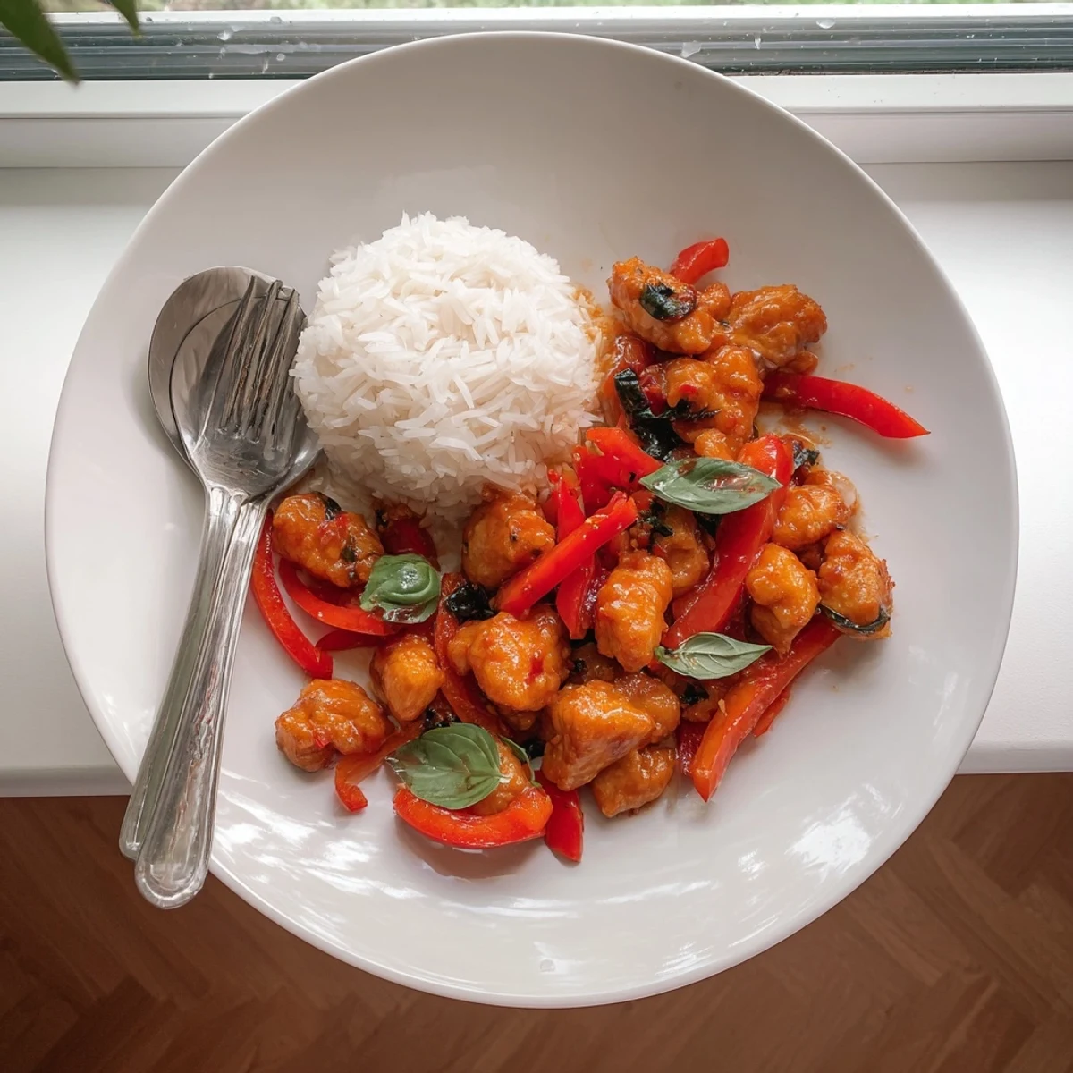 Golden pieces of tender chicken swimming in rich coconut curry sauce with vibrant red pepper slices and fresh torn basil leaves