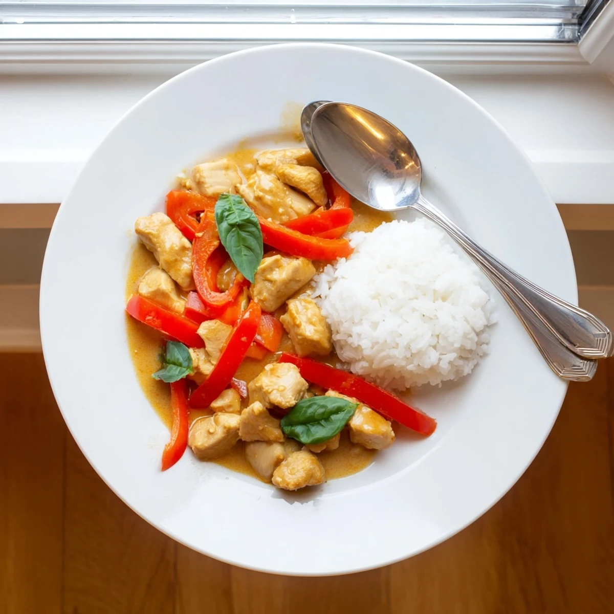 Creamy Thai-style basil chicken with coconut curry sauce served over fluffy white jasmine rice with a lime wedge garnish