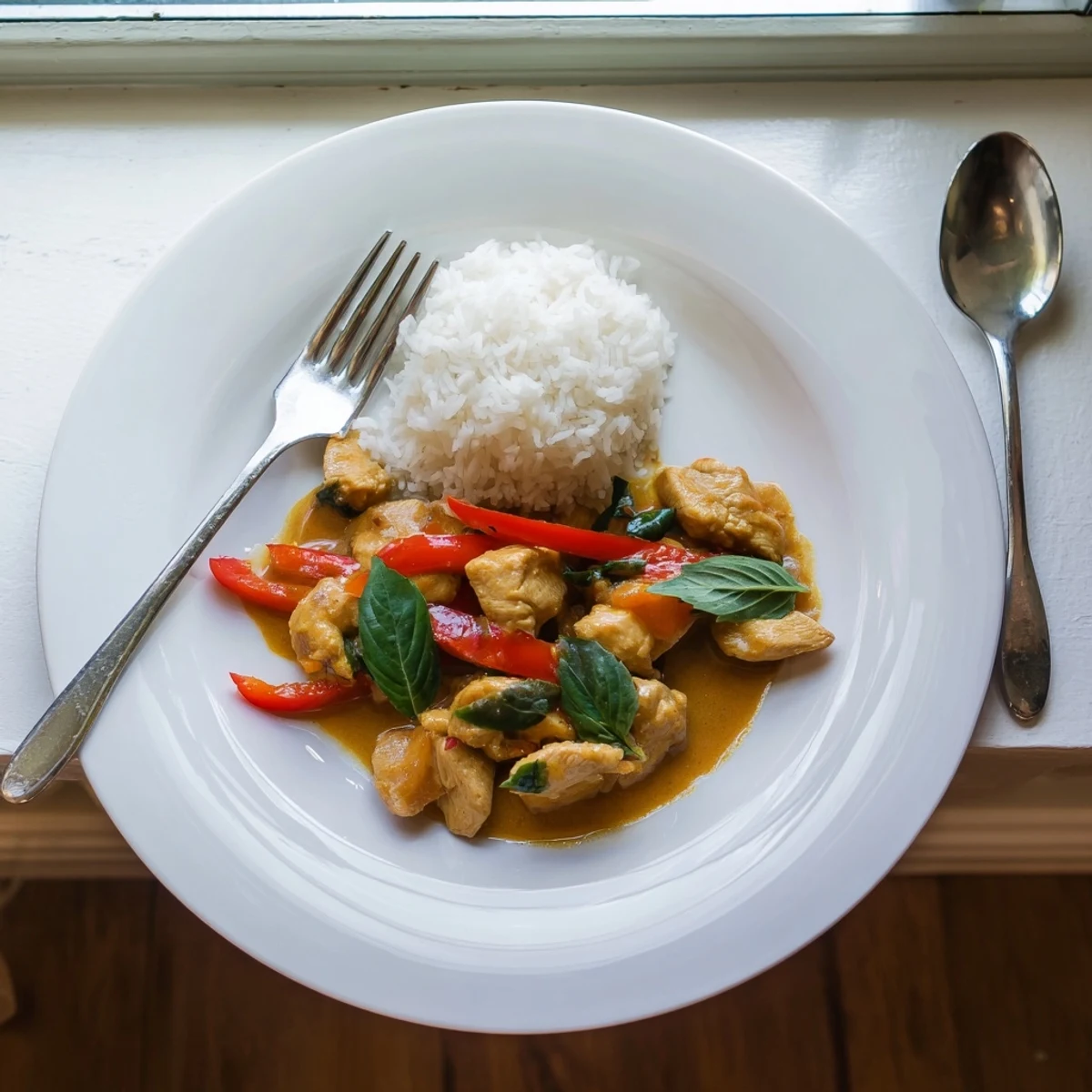 Savory chicken breast simmered in aromatic coconut curry sauce topped with fresh green basil and colorful red bell pepper strips