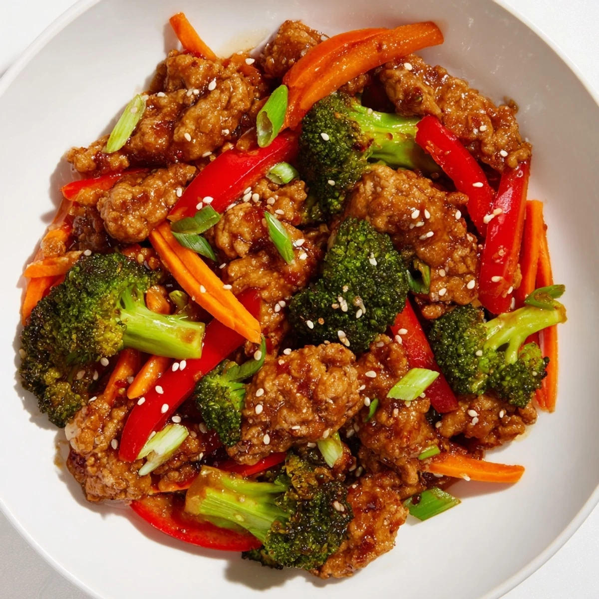 Golden ground turkey stir fry with vibrant broccoli florets in savory glossy sauce