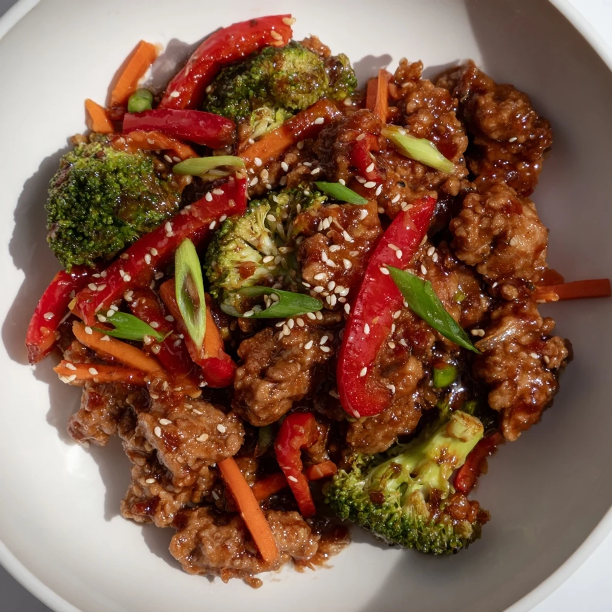 Sizzling skillet of ground turkey stir fry with fresh broccoli and aromatic ginger