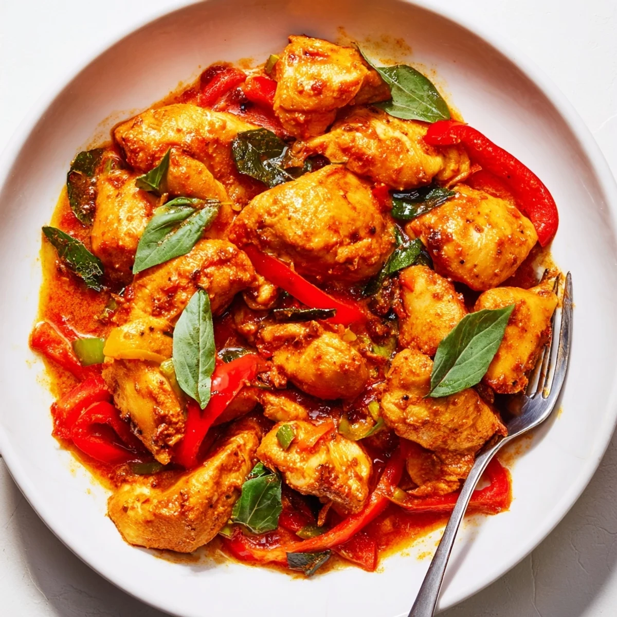 Creamy basil chicken in coconut curry sauce served over steaming jasmine rice with fresh green onion garnish