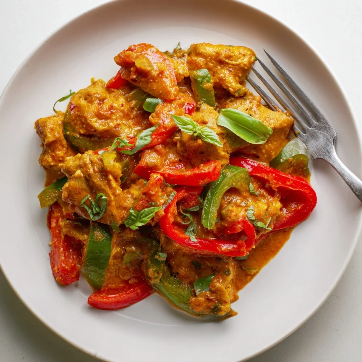 Thai-inspired basil chicken curry in a luscious creamy sauce topped with vibrant cilantro and served piping hot