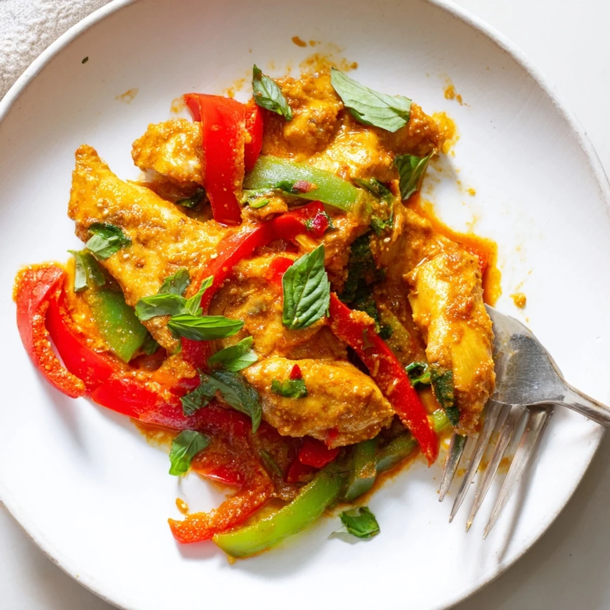 Golden chicken pieces simmered in fragrant coconut curry sauce with colorful bell peppers and fresh basil leaves
