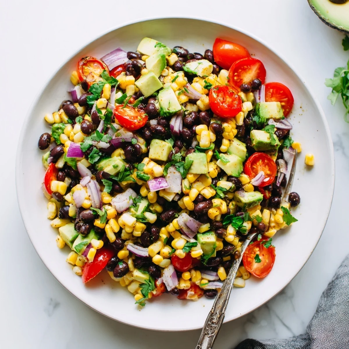 Colorful corn and black bean salad with fresh diced vegetables and creamy avocado chunks in a serving bowl