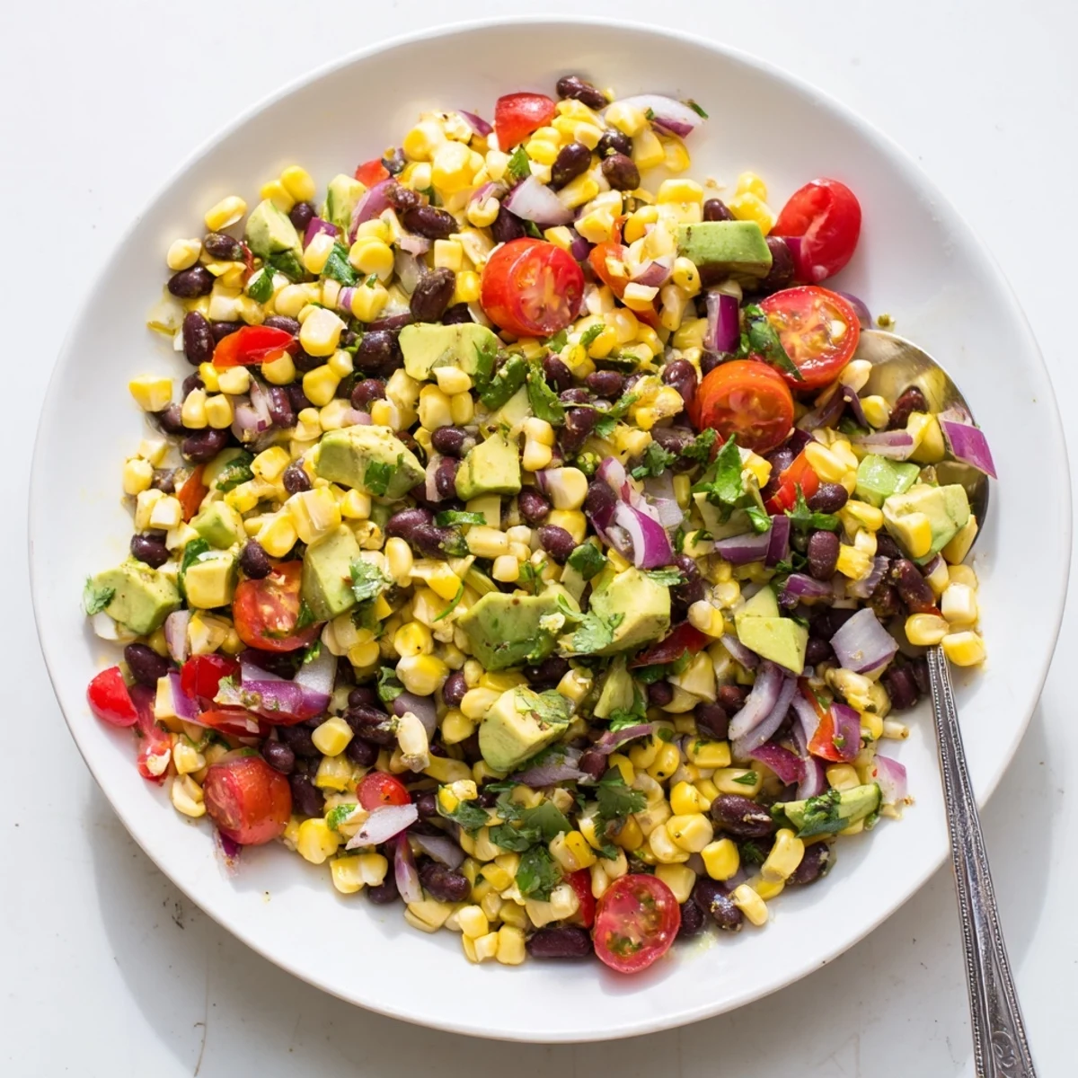 Vibrant Tex-Mex style corn and black bean salad featuring red bell pepper, tomatoes, and zesty lime dressing overhead view