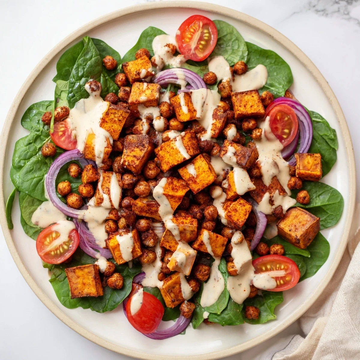Colorful hearty sweet potato bowl with roasted chickpeas and fresh vegetables drizzled with creamy tahini dressing