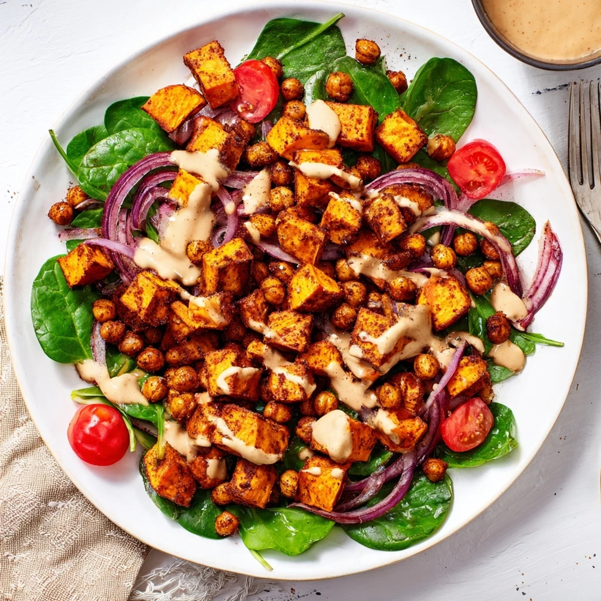 Nourishing hearty sweet potato bowl layered with spinach avocado and crispy spiced chickpeas over fluffy quinoa