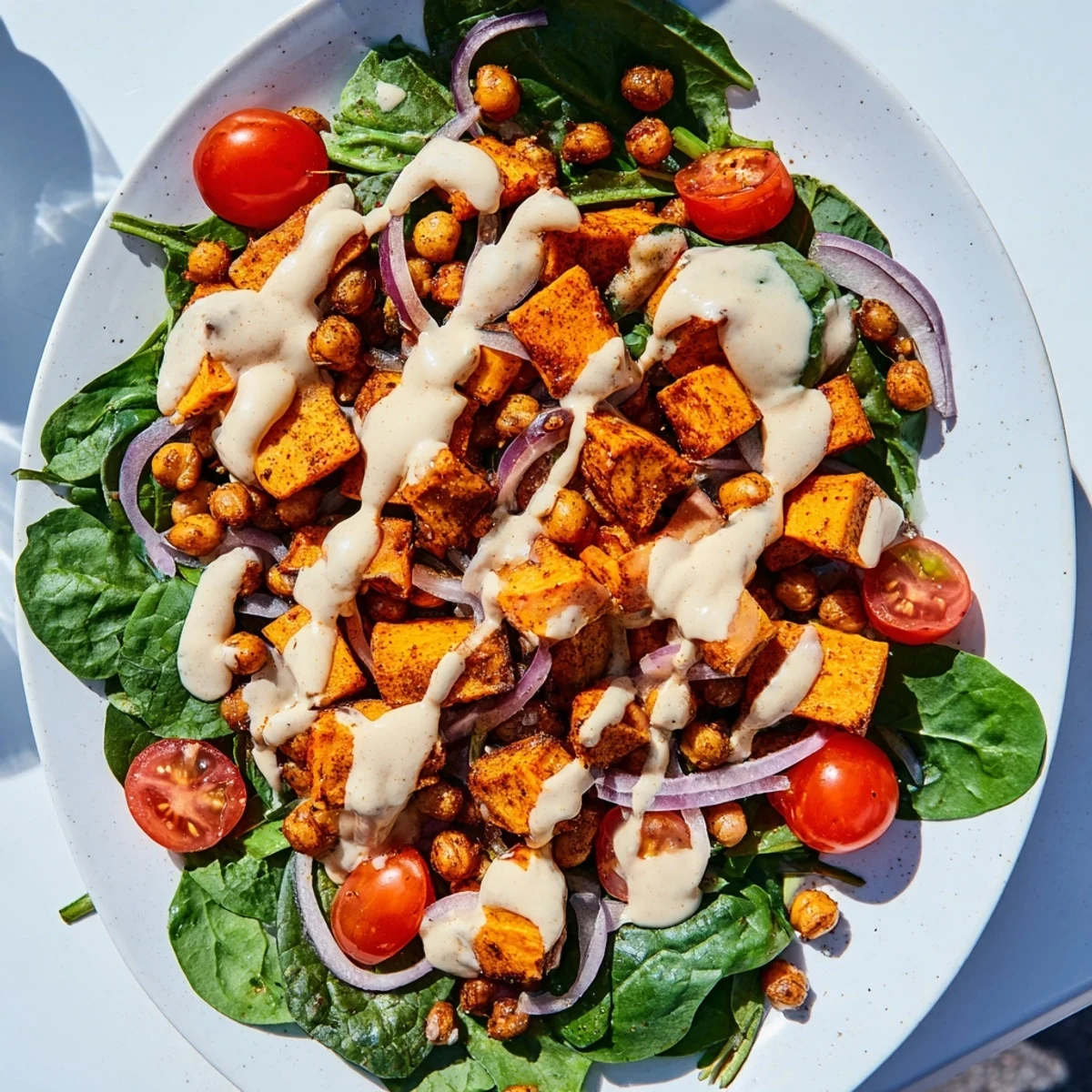 Vibrant hearty sweet potato bowl featuring tender roasted vegetables protein-rich chickpeas and tangy tahini sauce for lunch