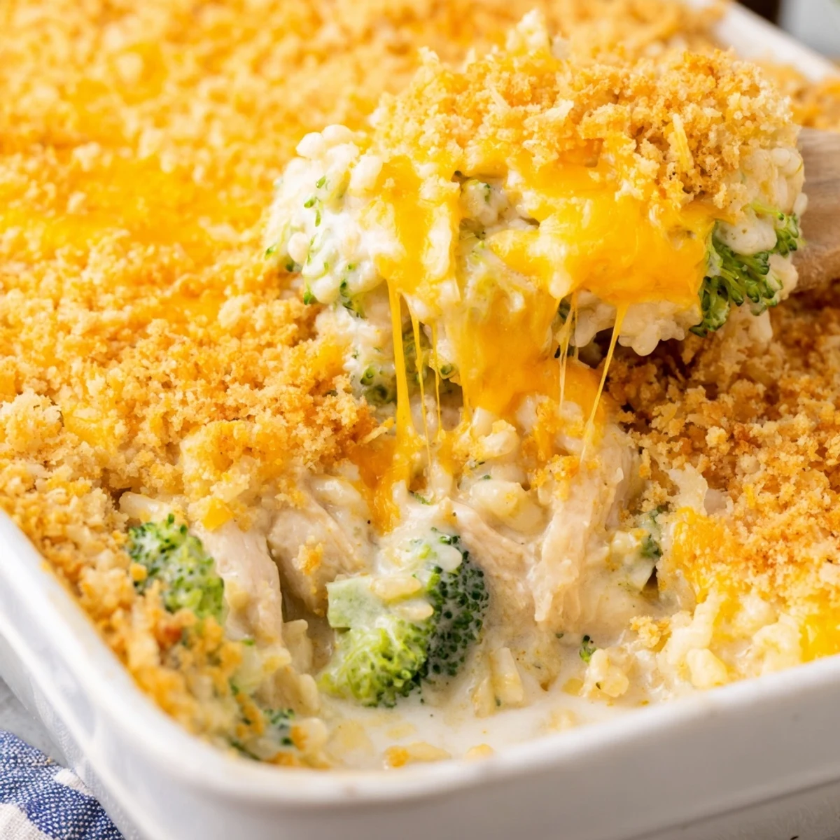 Golden bubbling chicken broccoli rice cheese casserole topped with crispy buttered panko breadcrumbs in a baking dish