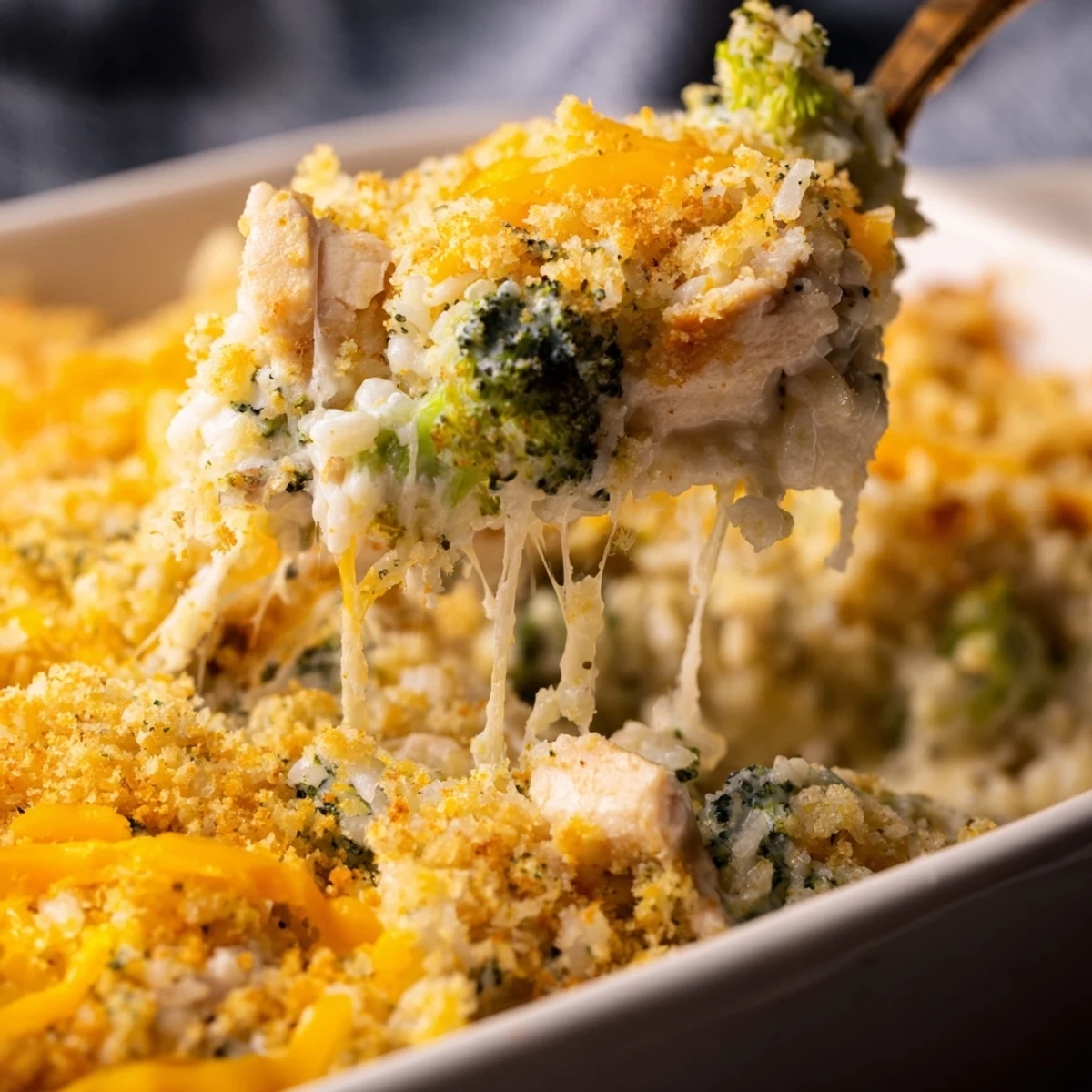 Creamy chicken broccoli rice cheese casserole served steaming hot with melted cheddar and tender broccoli florets