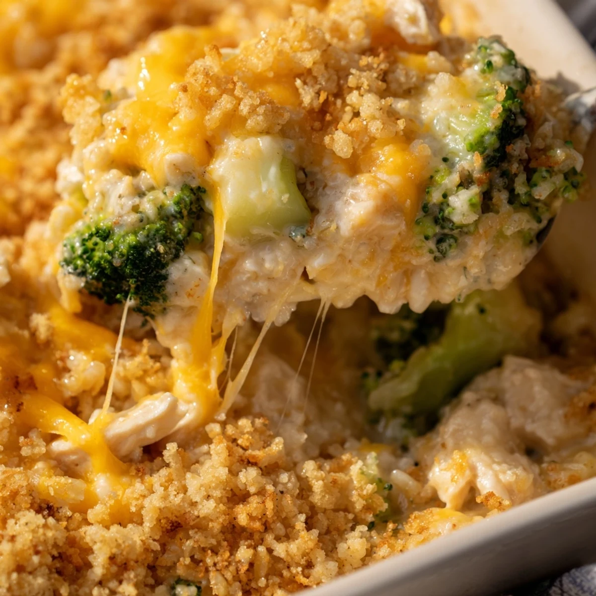 Comforting chicken broccoli rice cheese casserole fresh from the oven with golden brown crumb topping and gooey cheese