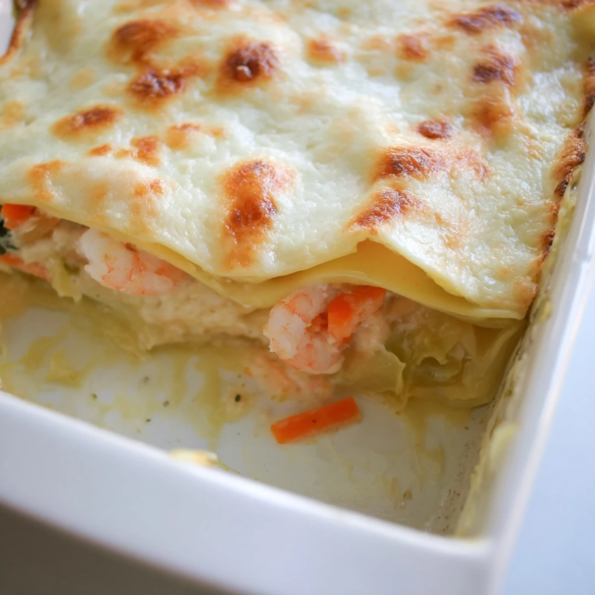 Golden baked shrimp dumpling lasagna layers bubbling with melted mozzarella and savory ricotta
