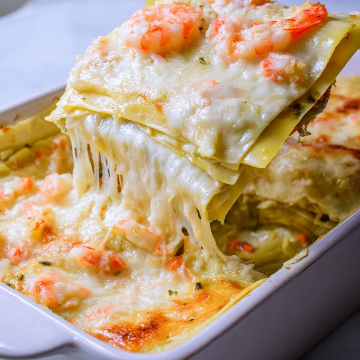 Layered shrimp dumpling lasagna with tender shrimp and cheese in square baking dish
