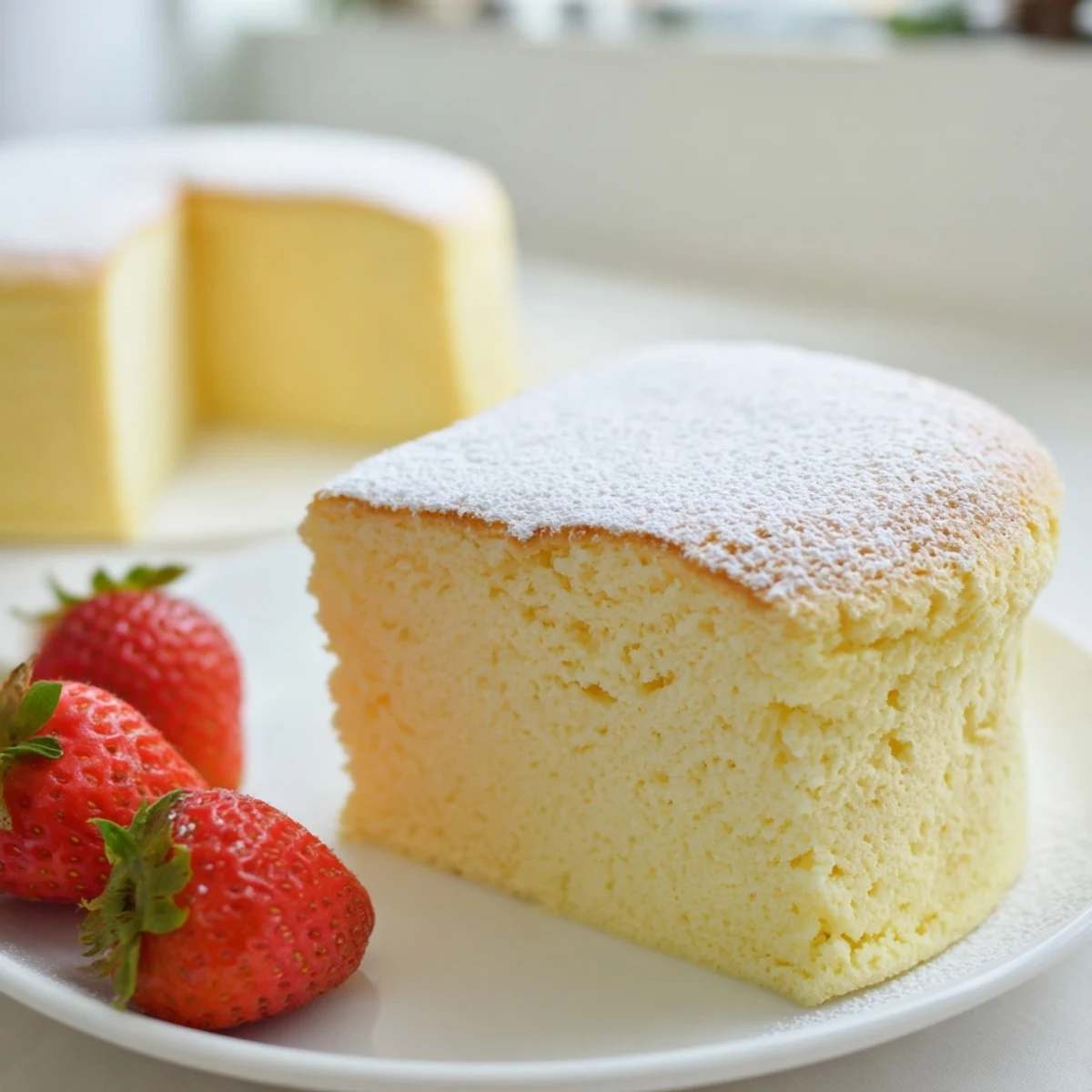 Golden slice of fluffy Japanese cheesecake topped with fresh berries and powdered sugar