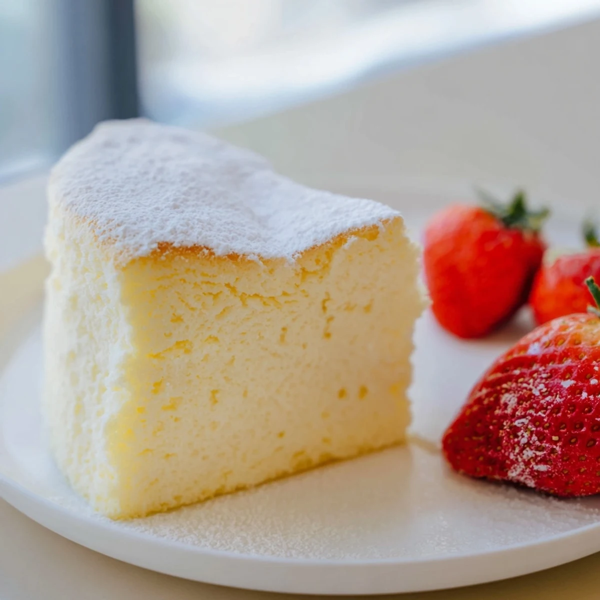 Cloudlike soufflé-style Japanese cheesecake with jiggly texture on a white dessert plate