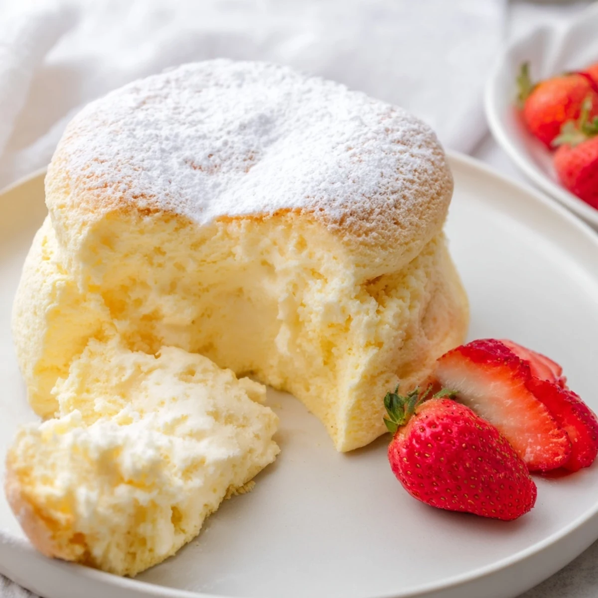 Light and airy Japanese cheesecake square revealing delicate pale yellow interior layers