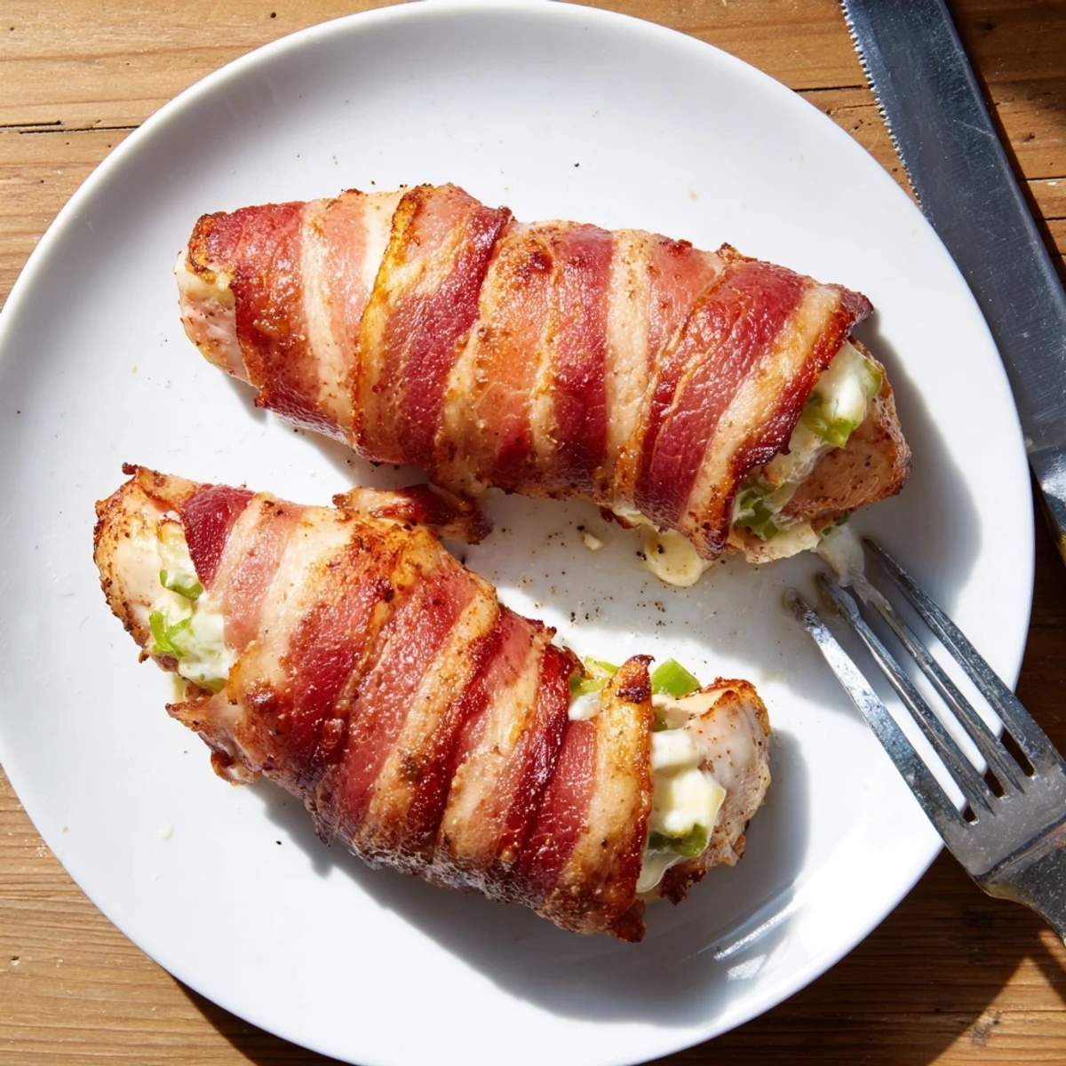 Golden brown bacon-wrapped jalapeño popper chicken breasts with creamy cheese filling oozing out