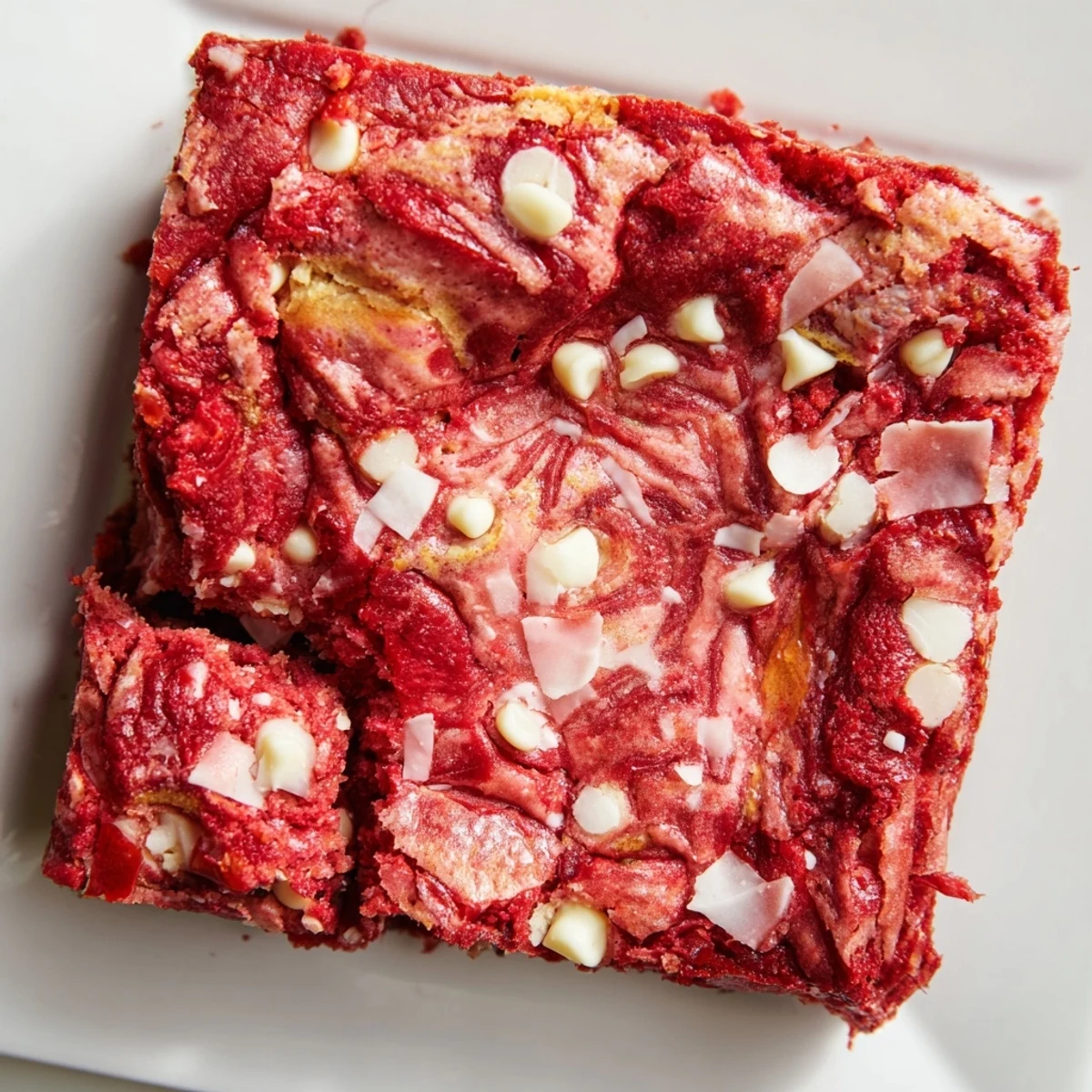 Gooey strawberry earthquake cake with cream cheese swirls and cracked texture on a white plate