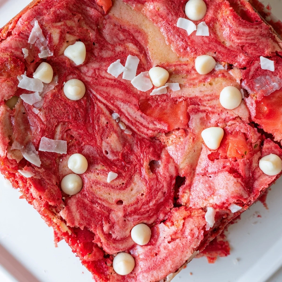 Warm strawberry earthquake cake served with vanilla ice cream showcasing its marbled strawberry interior