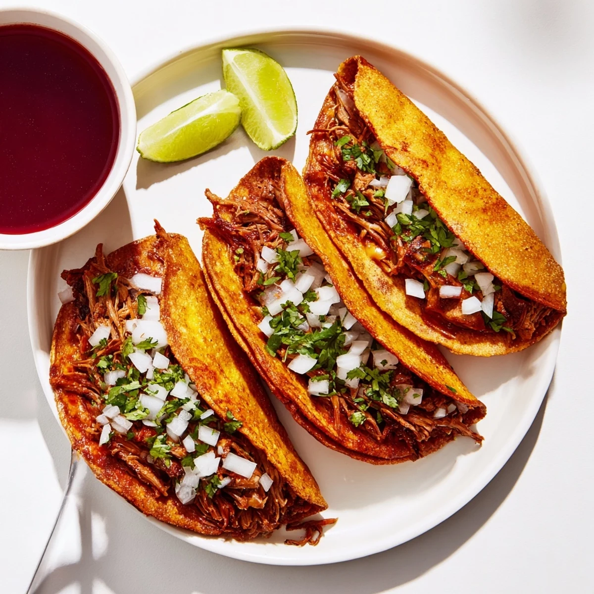 Stack of super crispy birria tacos served alongside warm spiced consommé for dipping