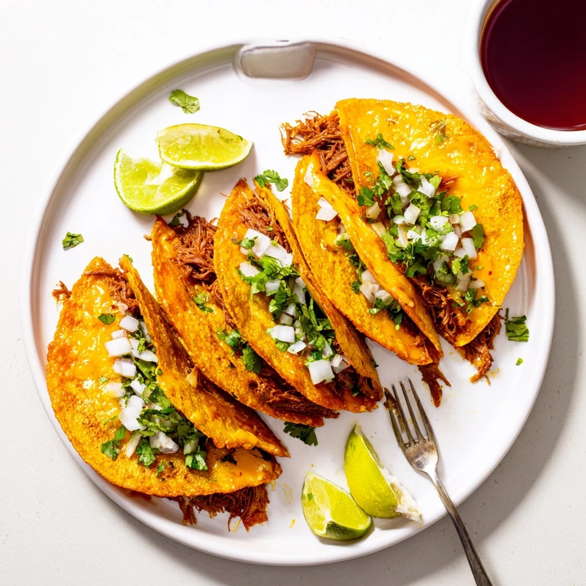 Pan-fried super crispy birria tacos garnished with fresh cilantro and diced white onion
