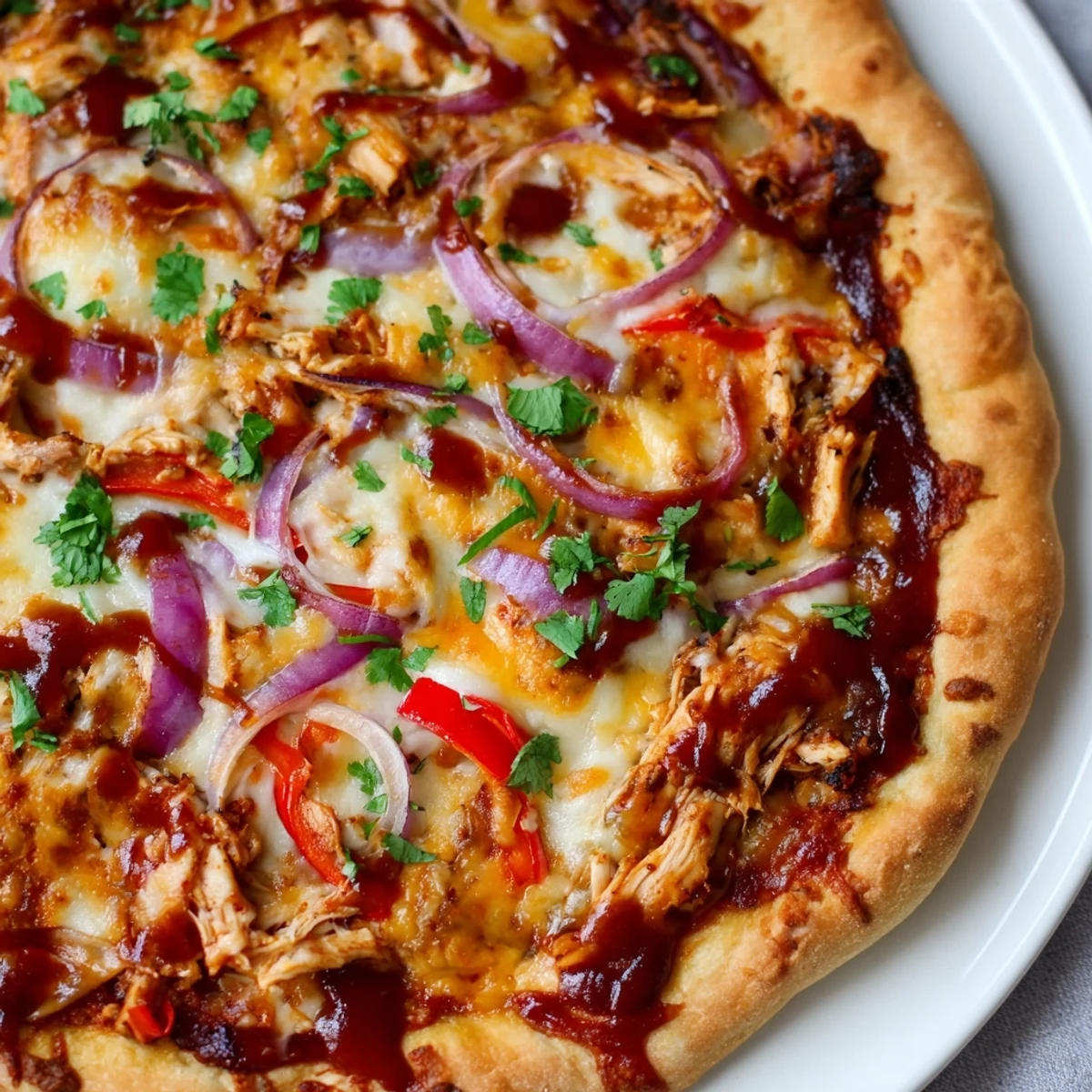 Golden homemade BBQ chicken pizza bubbling with melted mozzarella and smoky grilled chicken pieces