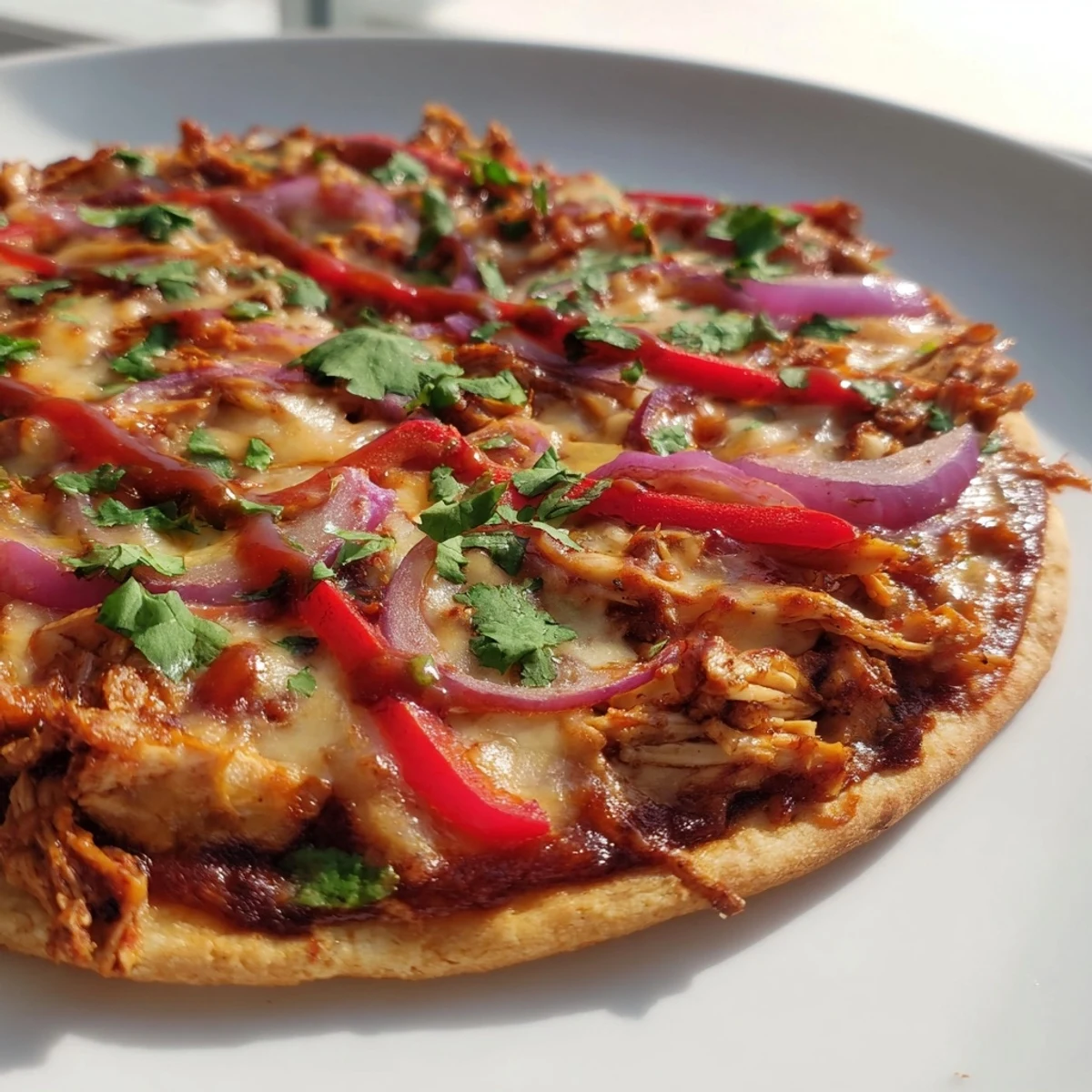 Sliced homemade BBQ chicken pizza featuring tender meat, red peppers, and tangy barbecue sauce on crispy crust
