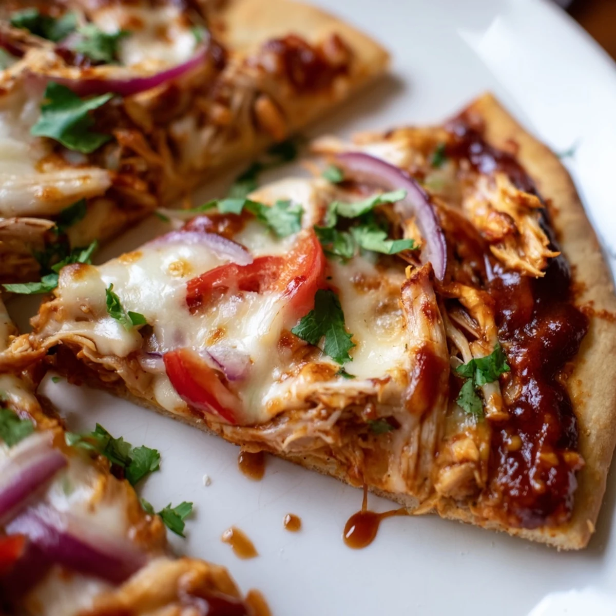 Freshly baked homemade BBQ chicken pizza topped with colorful vegetables, gooey cheese, and a drizzle of smoky sauce