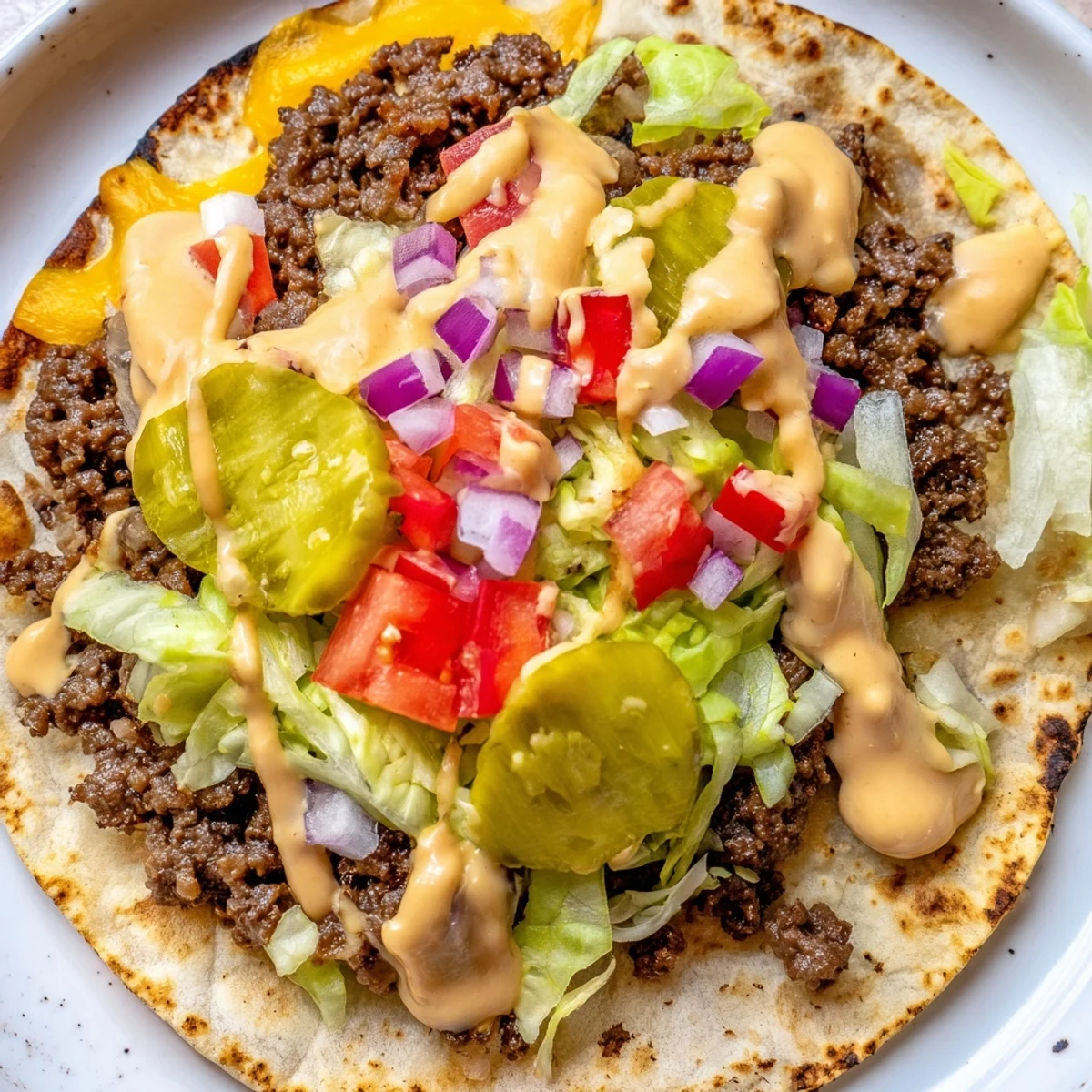 Golden crispy smash burger tacos with melted American cheese on warm flour tortillas