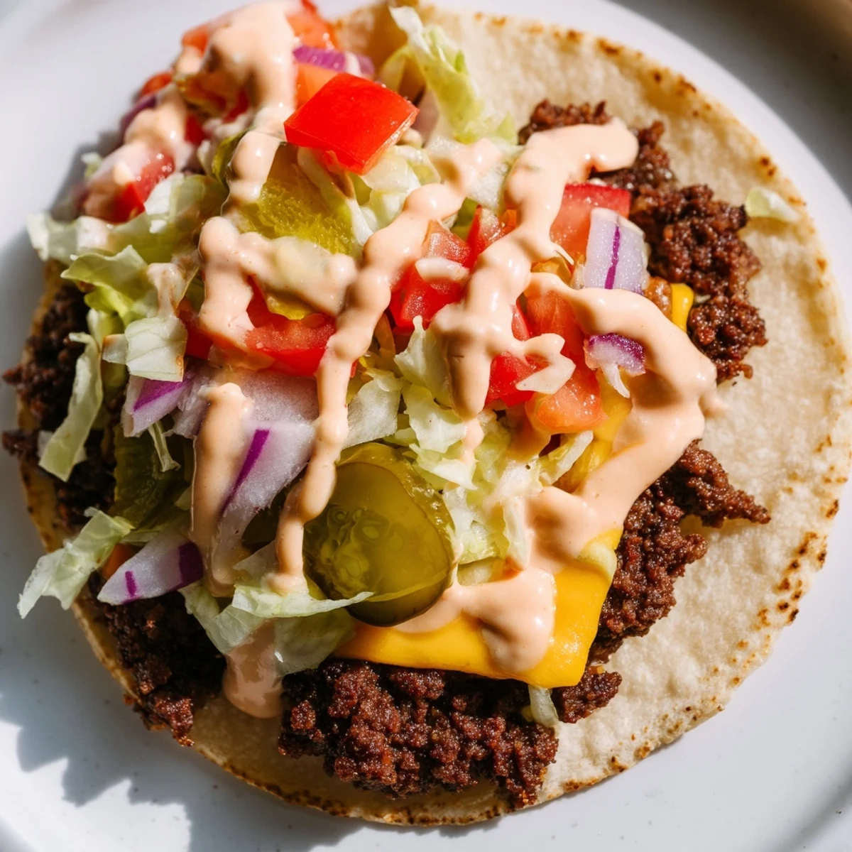 Sizzling skillet smash burger tacos loaded with melted cheese and classic burger toppings
