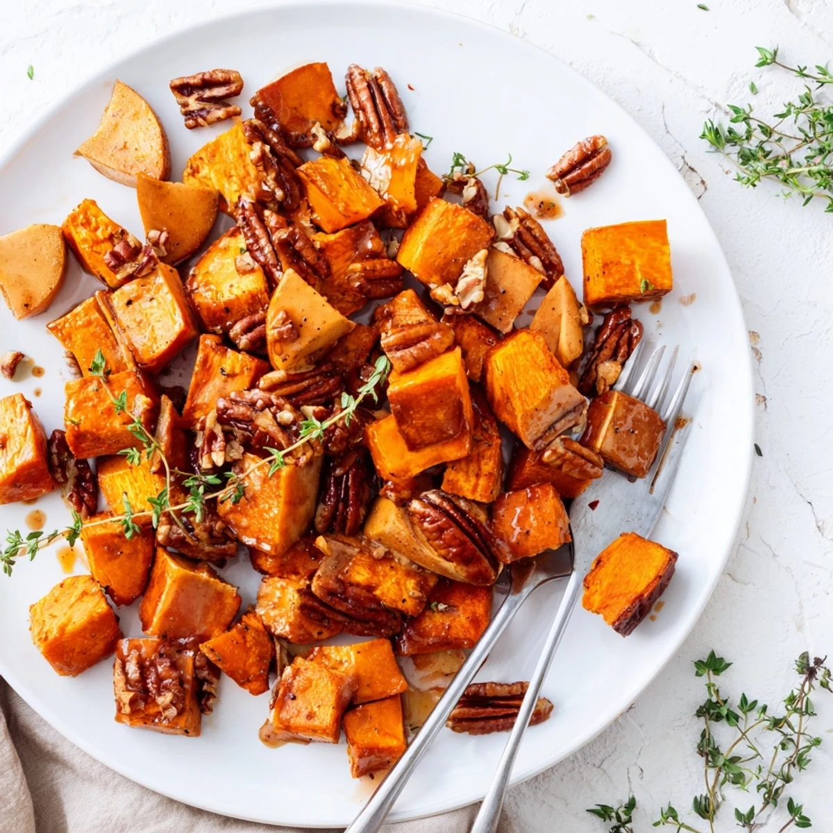 Golden roasted sweet potatoes and apples glistening with warm cinnamon maple glaze