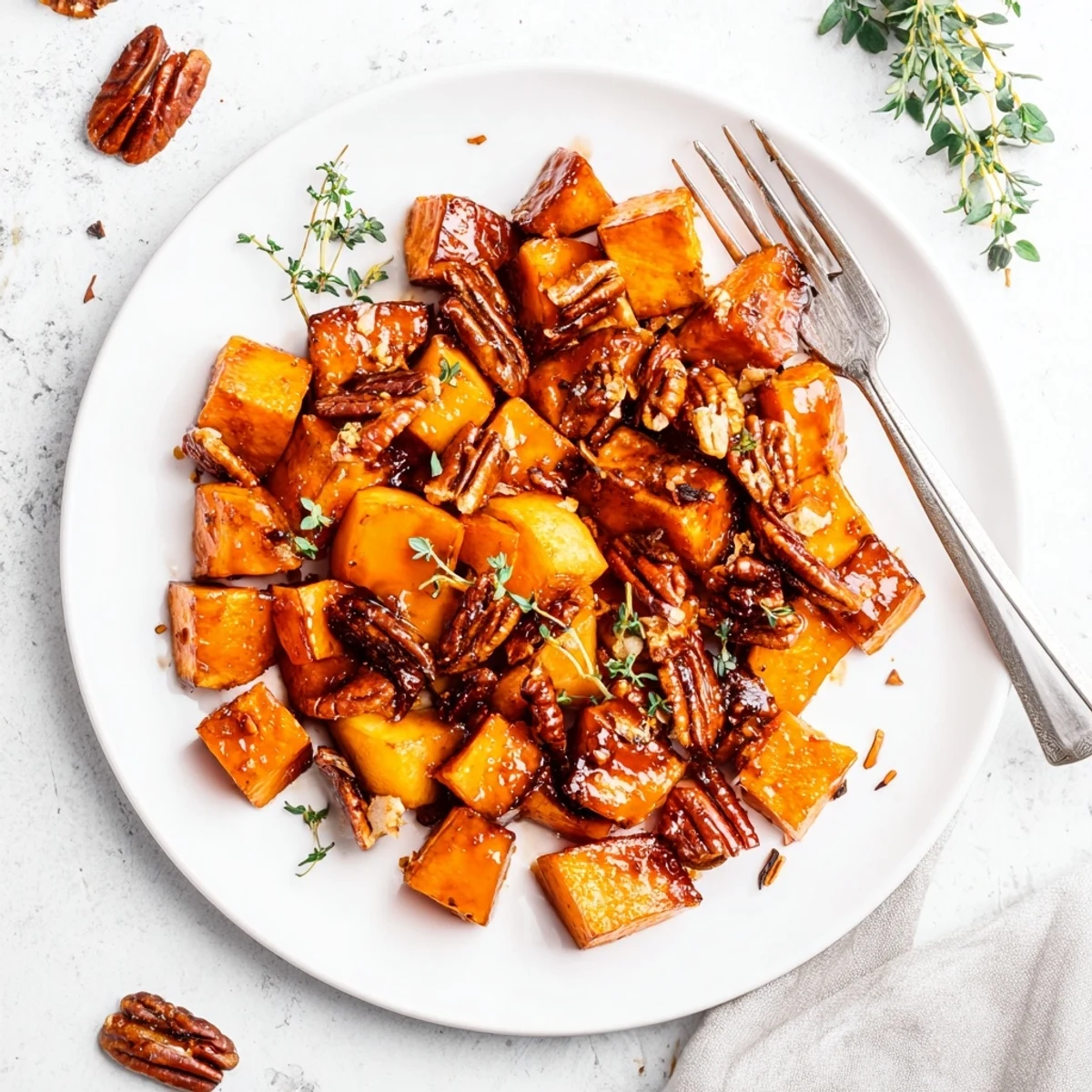 Tender caramelized sweet potato cubes and apple chunks in spiced maple syrup bowl