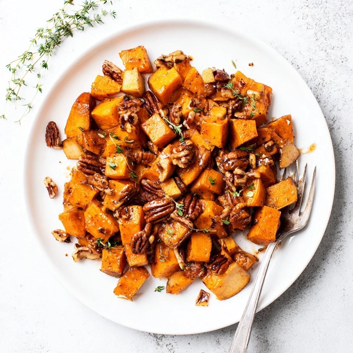 Comforting autumn side dish featuring glazed sweet potatoes and apples with cinnamon drizzle