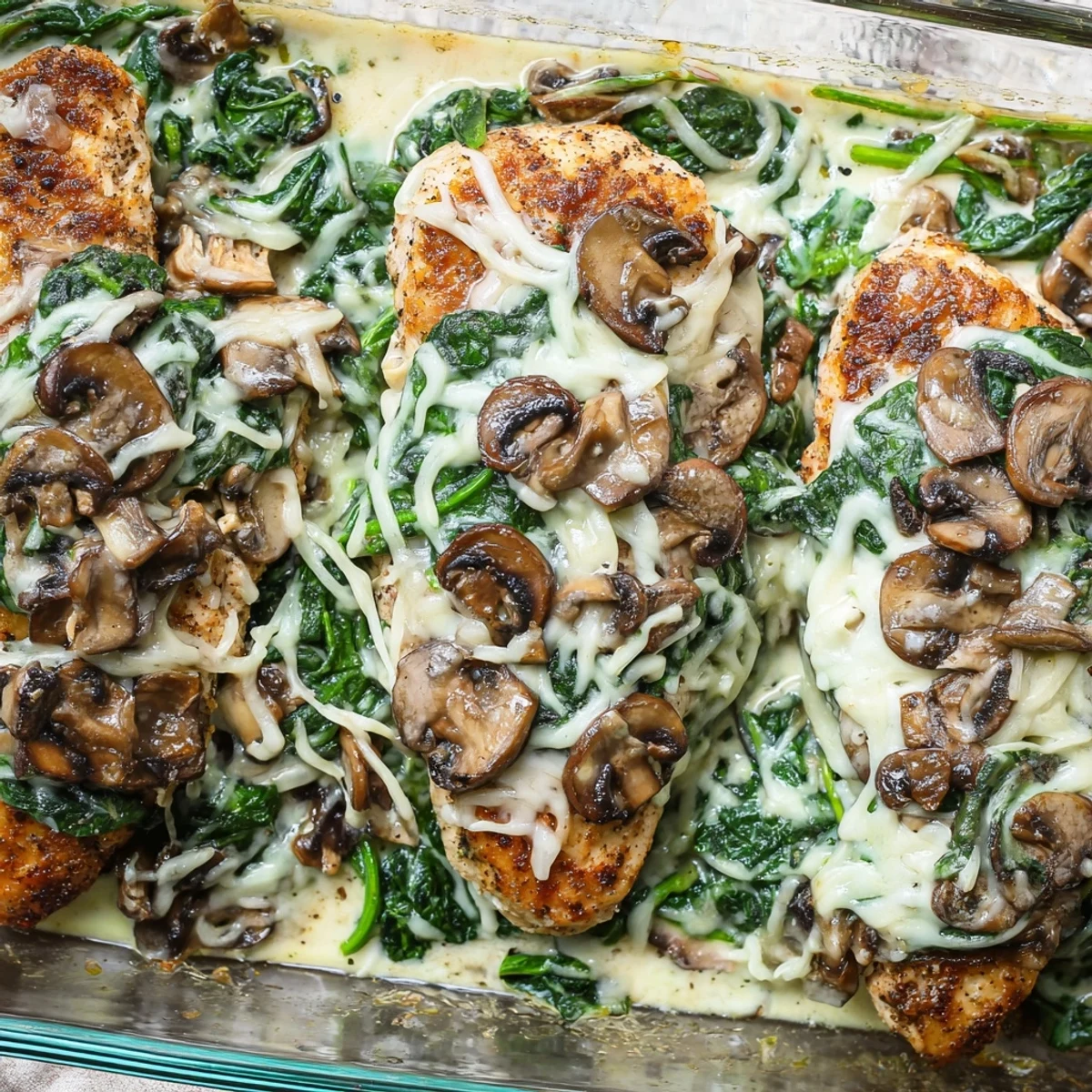 Golden brown low carb chicken spinach mushroom bake with bubbling mozzarella cheese fresh from the oven