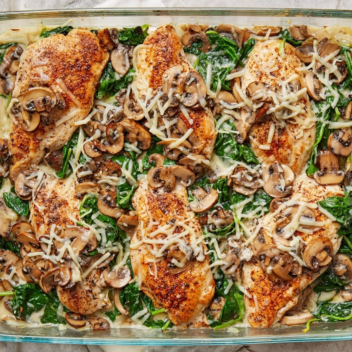 Creamy low carb chicken spinach mushroom bake casserole featuring tender chicken breast and wilted spinach