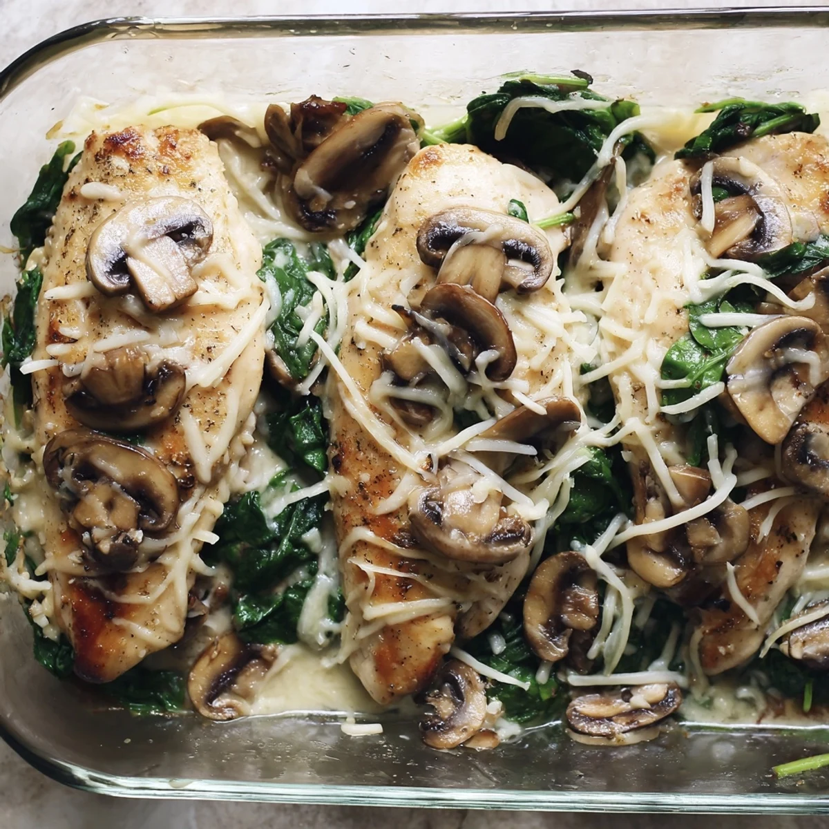 Baked low carb chicken spinach mushroom dish in a white ceramic baking dish with melted cheese topping