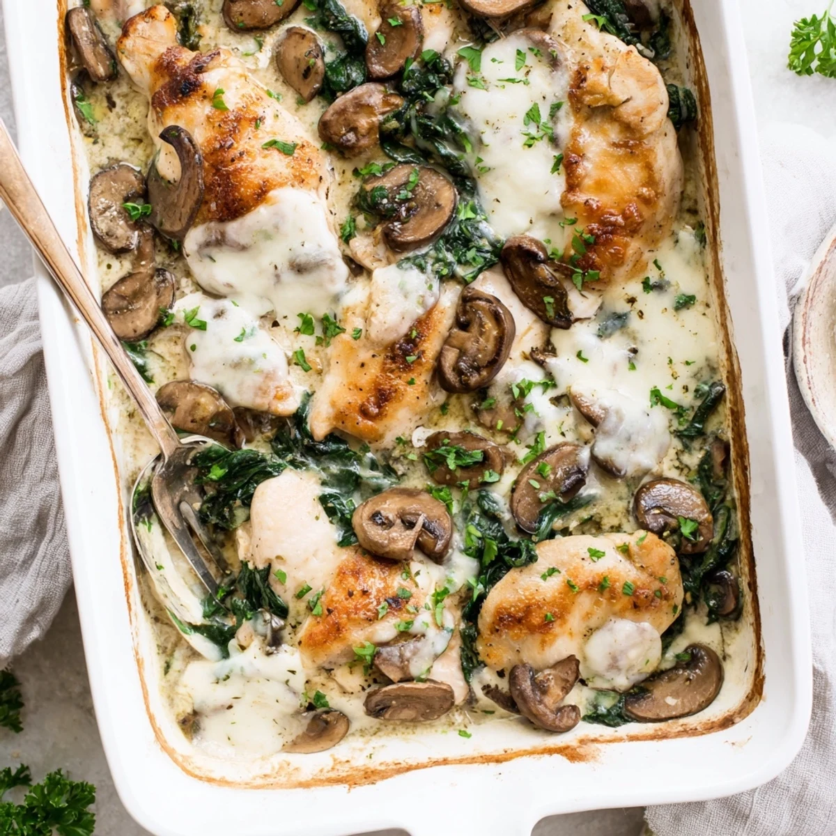 Golden brown chicken breast nestled in creamy spinach mushroom sauce under melted mozzarella cheese in this low carb chicken spinach mushroom bake