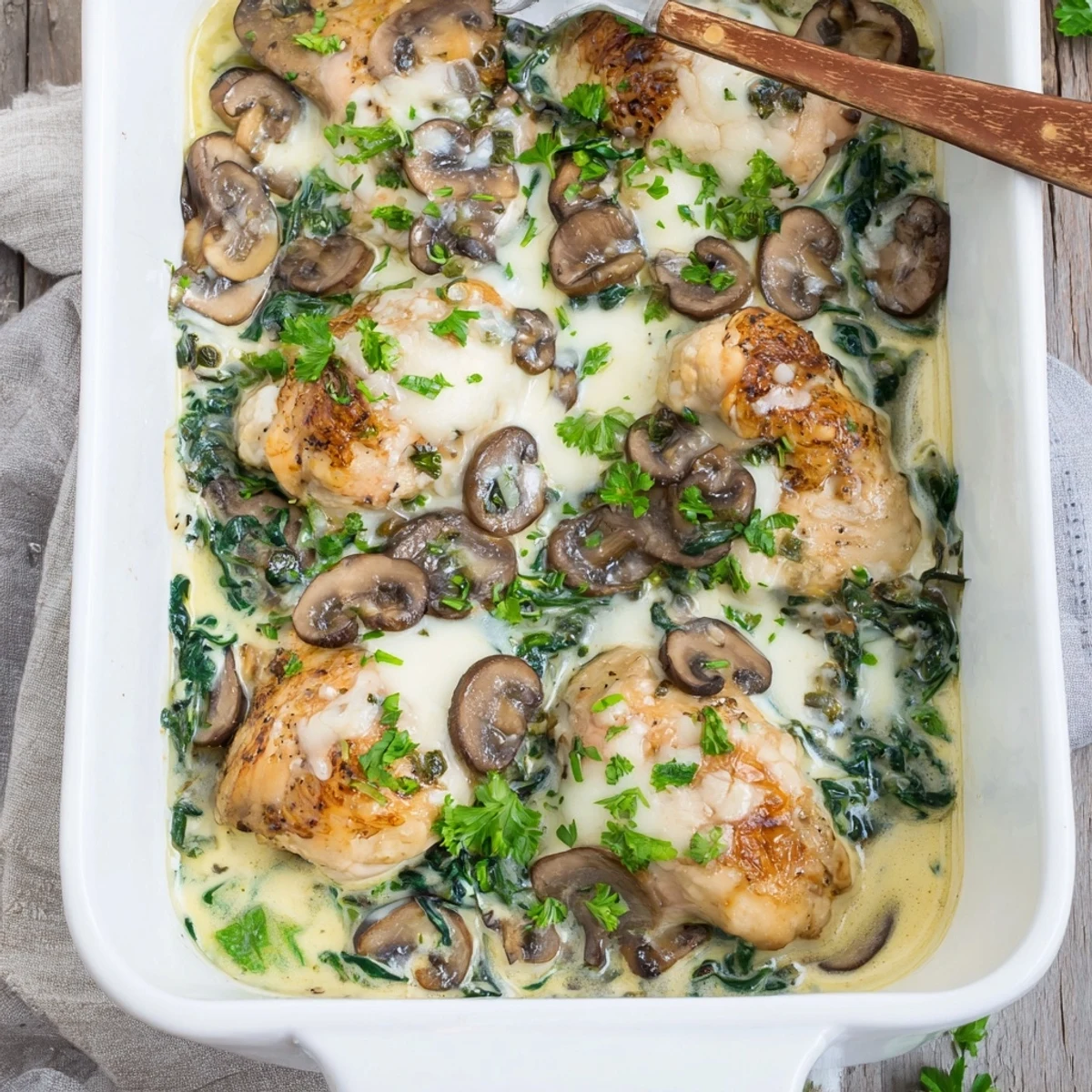 Tender baked chicken pieces swimming in rich garlic parmesan sauce with sautéed vegetables in this comforting low carb chicken spinach mushroom bake