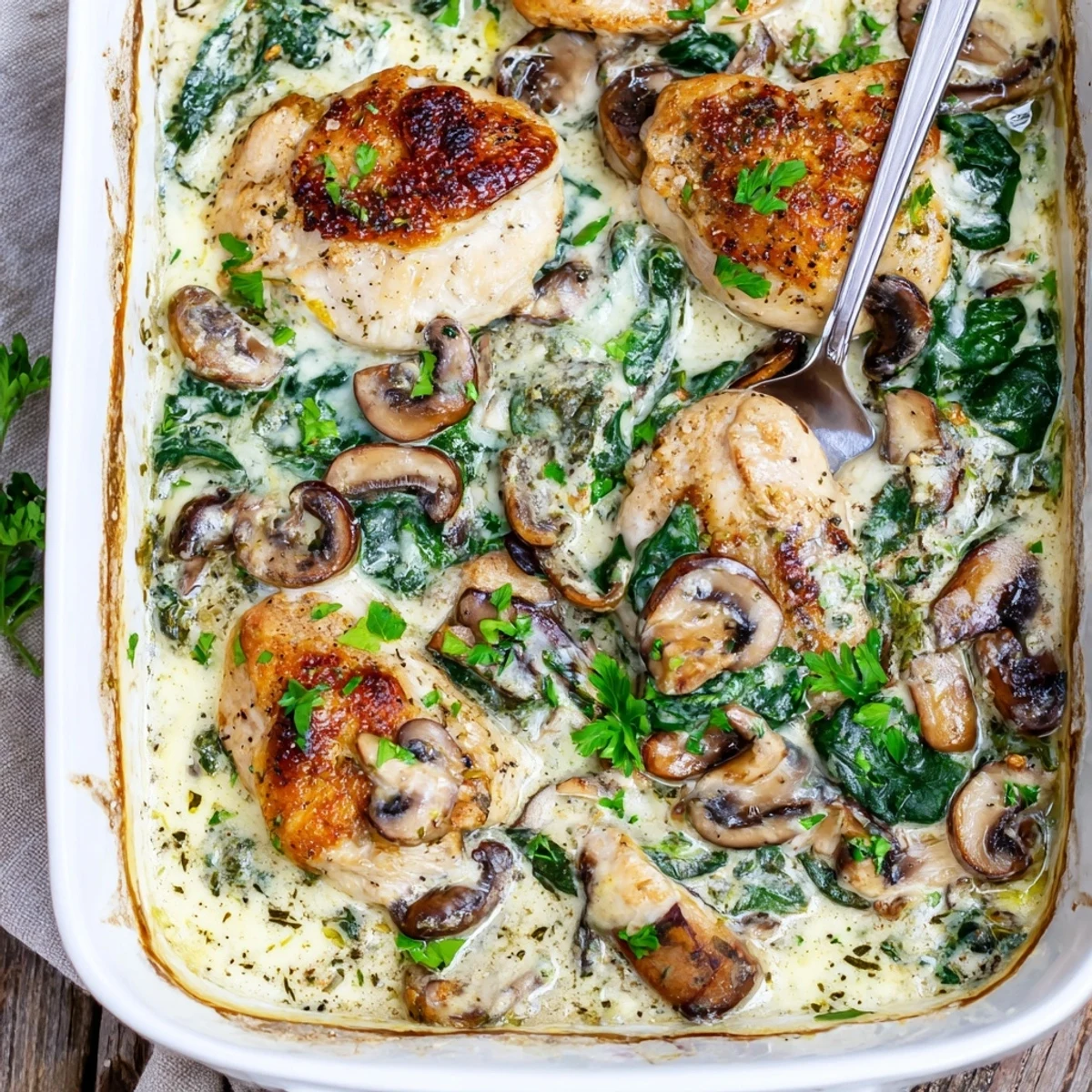 Bubbling cheese topped casserole featuring juicy chicken with wilted spinach and savory mushrooms in this gluten-free low carb chicken spinach mushroom bake