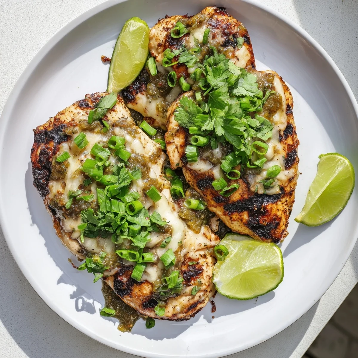 Grilled salsa verde pepper jack chicken with melted cheese and zesty green sauce