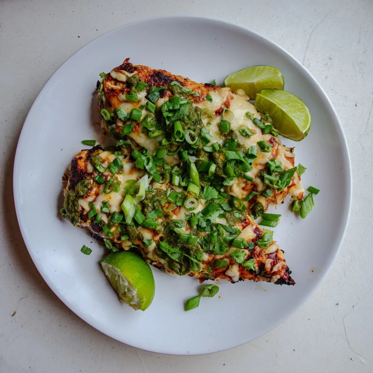 Juicy chicken breasts topped with bubbling pepper jack and vibrant salsa verde on a plate