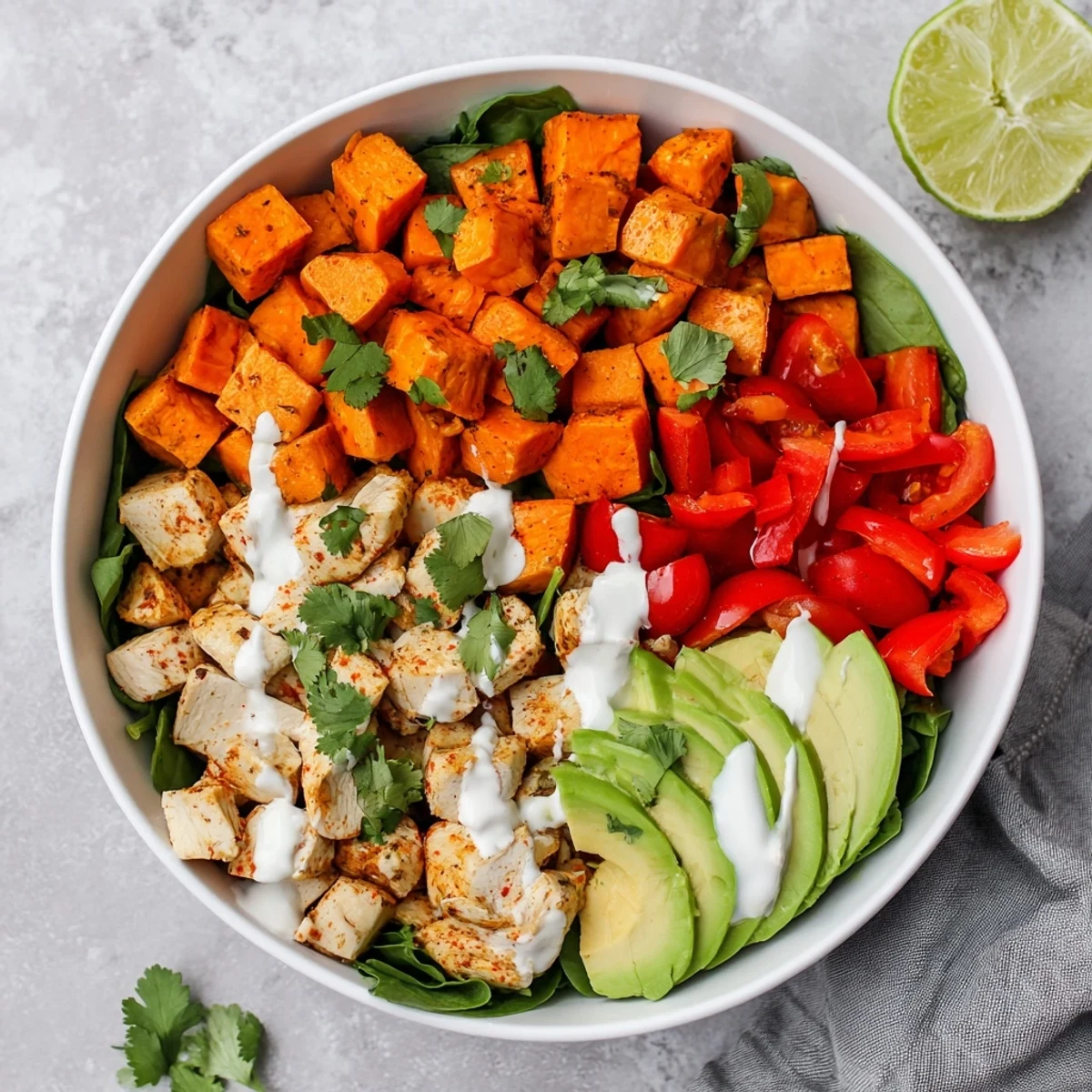 Golden roasted chicken breast nestled beside caramelized sweet potato cubes in a colorful meal prep bowl