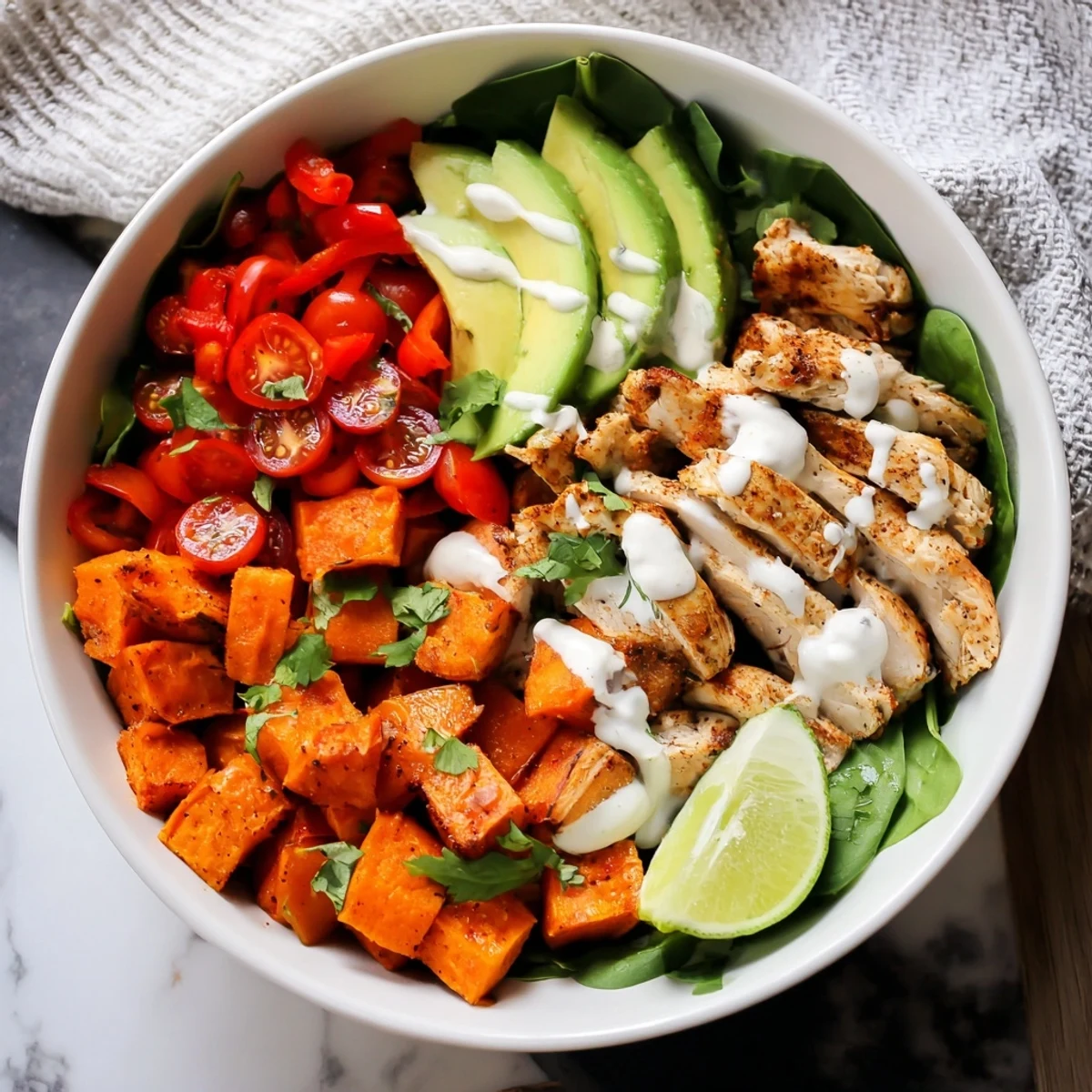 Tender spiced chicken slices arranged with roasted sweet potatoes, fresh spinach, avocado, and vibrant vegetables