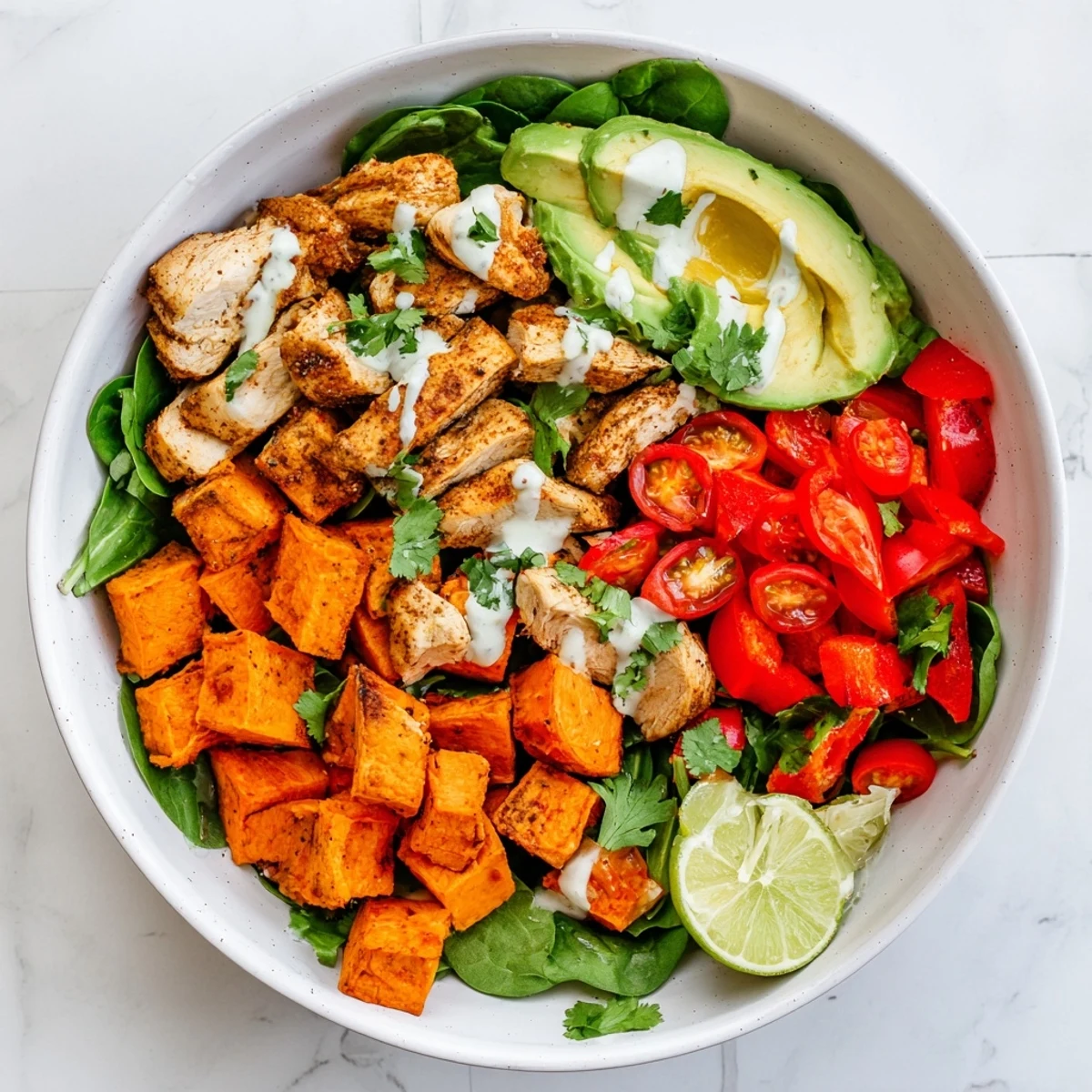 Healthy chicken sweet potato bowl featuring juicy spiced chicken, tender roasted sweet potatoes, and crisp toppings
